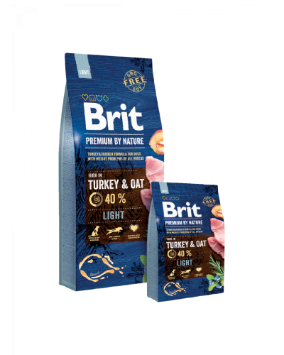 Brit Premium by Nature Light с индейкой и овсом для собак всех пород с лишним весом, 15 кг.