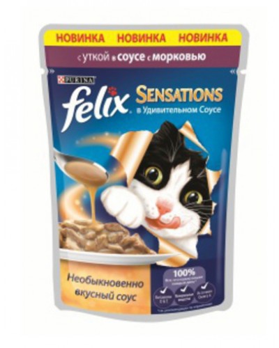 Felix Sensations влажный корм для взрослых кошек всех пород, с уткой в соусе с морковью