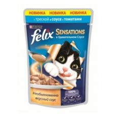 Felix Sensations влажный корм для взрослых кошек всех пород, с треской в соусе с томатами, 5 шт.