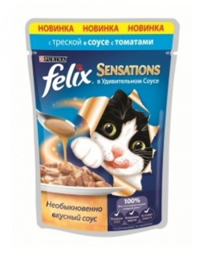 Felix Sensations влажный корм для взрослых кошек всех пород, с треской в соусе с томатами
