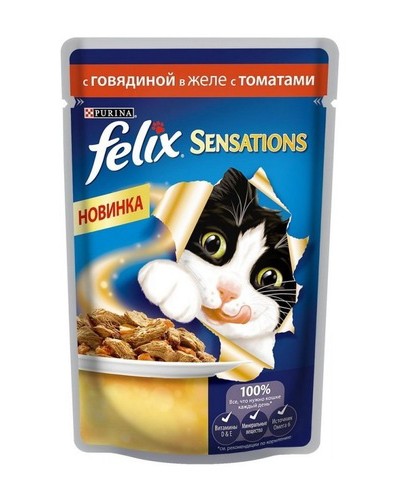 Felix Sensations влажный корм для взрослых кошек всех пород, c говядиной в желе с томатами, 85 гр. х 5 шт. \ уп. 26 шт.