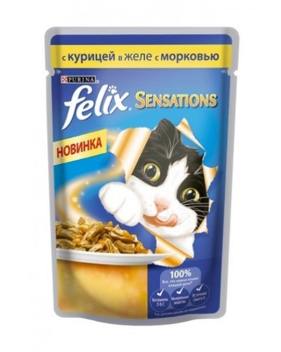 Felix Sensations влажный корм для взрослых кошек всех пород, с курицей в желе с морковью, 85 гр. х 5 шт. \ уп. 26 шт.