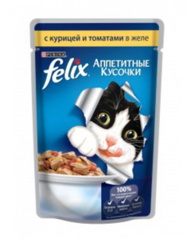 Felix влажный корм для взрослых кошек всех пород, с курицей и томатами в желе, 85 гр. х 5 шт. \ уп. 26 шт.