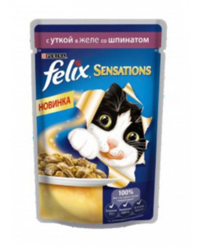 Felix Sensations влажный корм для взрослых кошек всех пород, с уткой в желе со шпинатом
