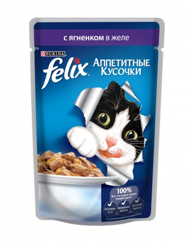 Felix влажный корм для взрослых кошек всех пород, с ягненком в желе, 85 гр. х 5 шт. \ уп. 26 шт.