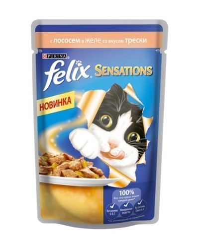 Felix Sensations влажный корм для взрослых кошек всех пород, с лососем в желе со вкусом трески, 85 гр. х 5 шт. \ уп. 26 шт.