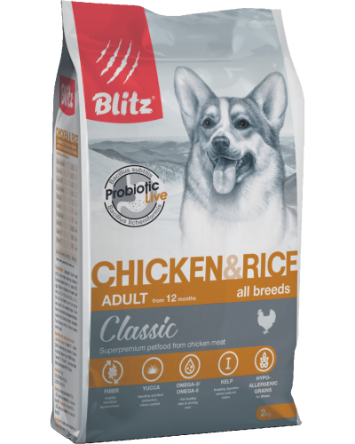 Blitz Classic Chicken & Rice Adult Dog All Breeds, сухой корм для собак всех пород, с курицей и рисом