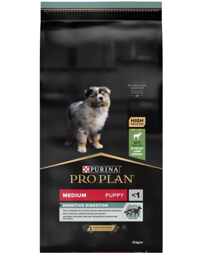 Pro Plan Medium Puppy Optidigest сухой корм для щенков средних пород с чувствительным пищеварением, с ягненком 12кг, уп. 12кг